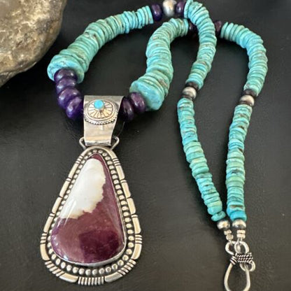 Navajo XL Turquoise Purple Spiny Oyster Pendant Necklace | Sterling Silver | Authentic Native American Handmade | 25" | 17464