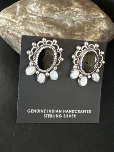 Navajo Black Onyx and White Mother of Pearl Earrings | Sterling Silver | 1" | Authentic Native American Handmade | 15332