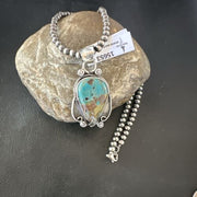 Navajo Blue Turquoise Pendant Necklace | Sterling Silver Pearls | Authentic Native American Handmade | 15653