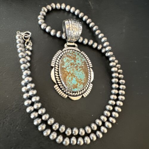 Navajo Blue Turquoise #8 Pendant | Sterling Silver Pearls Necklace | Authentic Native American Handmade | 16348
