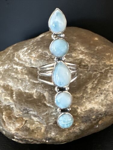 Navajo Blue Larimar Cluster Ring | Authentic Native American Sterling Silver | Multi-Stone | Sz 8 | 15979
