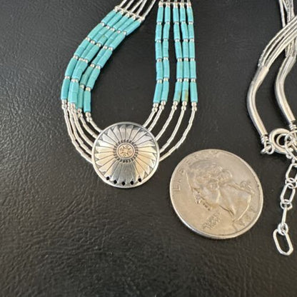 Navajo Blue Turquoise Heishi Concha Necklace | 5 Strand Liquid Sterling Silver | 20" | 15876