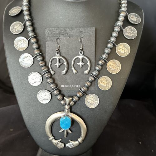 Navajo Kingman Turquoise Naja Pendant Necklace | Sterling Silver | Authentic Native American Handmade | 15158