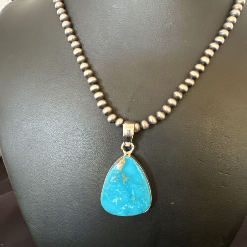 Navajo Blue Kingman Turquoise Pendant Necklace | Sterling Silver | 20" | Authentic Native American Handmade | 16671