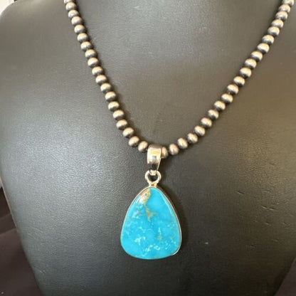 Navajo Blue Kingman Turquoise Pendant Necklace | Sterling Silver | 20" | Authentic Native American Handmade | 16671