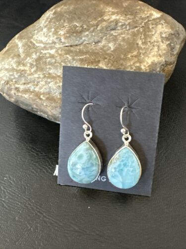 Navajo Blue Larimar Dangle Earrings | Sterling Silver | Authentic Native American Handmade | 17291