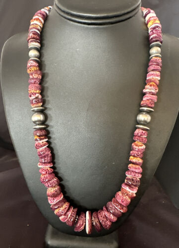 Navajo Purple Spiny Oyster Necklace | Sterling Silver Pearls | 22" | Authentic Native American Handmade | 16703
