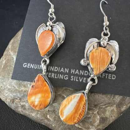 Navajo Orange Spiny Oyster Dangle Earrings | Sterling Silver | 1.5" | Authentic Native American Handmade | 16569
