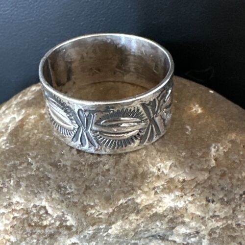 Men's Wide Band Navajo Stamped Ring | Sterling Silver | Sz 11.5 | Authentic Native American Handmade | 16770