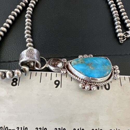Navajo Blue Kingman Turquoise Wild Horse Pendant Necklace | Sterling Silver | Authentic Native American Handmade | 17223