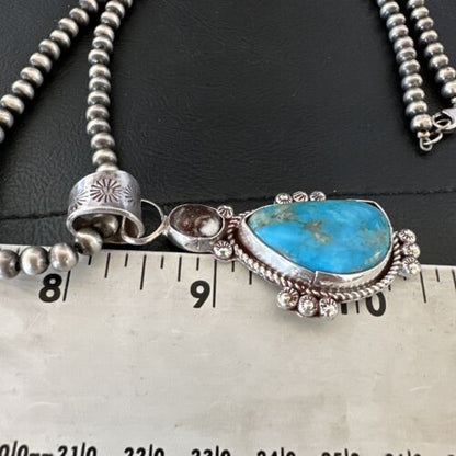 Navajo Blue Kingman Turquoise Wild Horse Pendant Necklace | Sterling Silver | Authentic Native American Handmade | 17223
