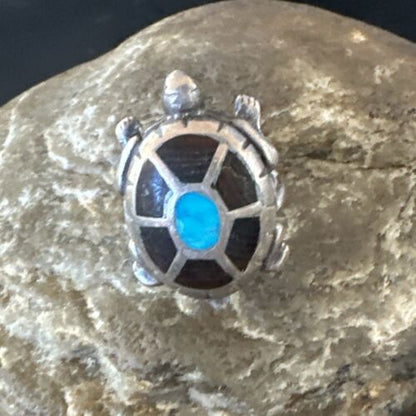 Navajo Blue Turquoise Onyx Turtle Ring | Sterling Silver | Sz 7 | Authentic Native American Handmade | 16980