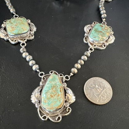 Navajo Green Royston Turquoise Pendant Necklace | Sterling Silver | Authentic Native American Handmade | 15252