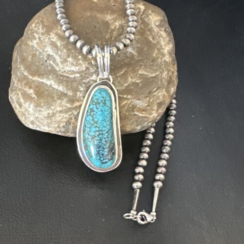 Men's Blue Spiderweb Turquoise Pendant Necklace | Navajo Sterling Silver | Authentic Native American Handmade | 14971