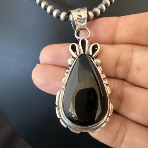 Men's Navajo Pearls Black Onyx Necklace Pendant | Sterling Silver | Authentic Native American Handmade | 16530