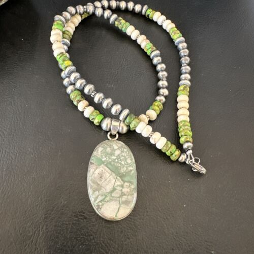 Navajo Green Turquoise Jasper Pendant Necklace | Sterling Silver | Native American Handmade | 16924