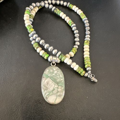 Navajo Green Turquoise Jasper Pendant Necklace | Sterling Silver | Native American Handmade | 16924