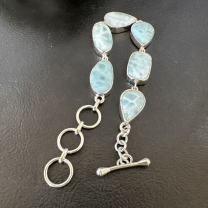 Navajo Blue Larimar Bracelet | Sterling Silver Link | 8" | Authentic Native American Handmade | 16075