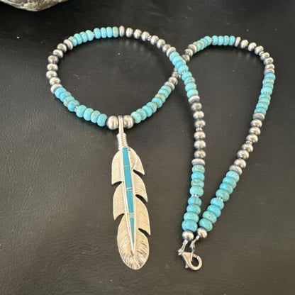 Men's Turquoise Inlay Feather Pendant Necklace | Sterling Silver | Authentic Native American Handmade | 17249