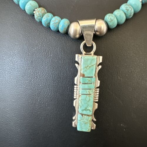 Men's and Women's Turquoise #8 Inlay Pendant Necklace | Navajo Sterling Silver | Authentic Native American Handmade | 17075