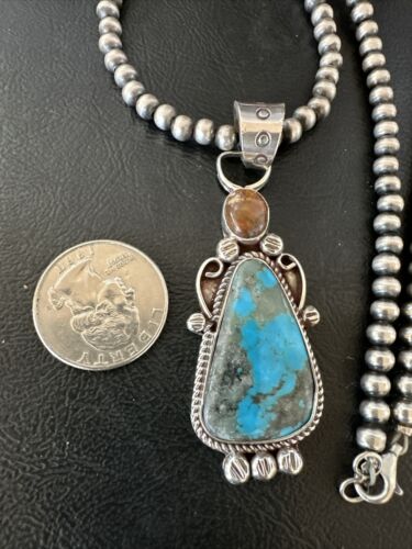 Navajo Blue Kingman Turquoise Wild Horse Pendant Necklace | Sterling Silver | Authentic Native American Handmade | 17222