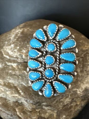 Navajo Blue Turquoise Cluster Ring | Authentic Native American Sterling Silver | Multi-Stone | Sz 10 | 16327