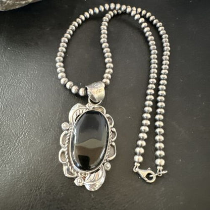 Navajo Pearls Black Onyx Necklace Pendant | Sterling Silver | Authentic Native American Handmade | 16531
