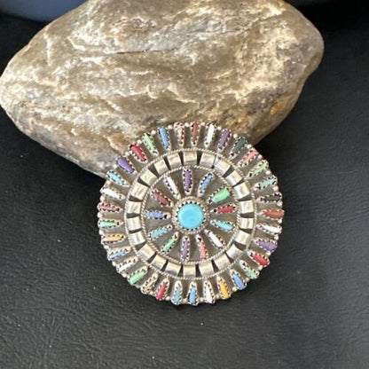 Zuni Multi-Color Turquoise Needle Point Wheel Pin Pendant | Sterling Silver | Authentic Native American Handmade | 15154
