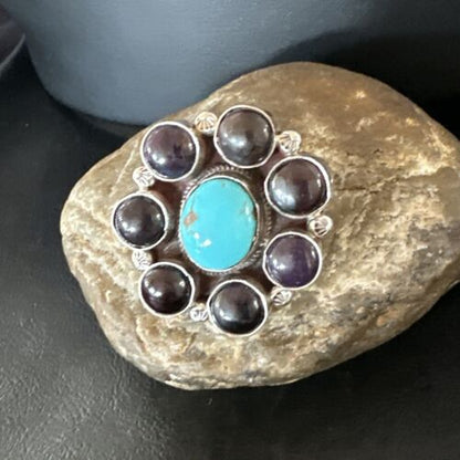 Navajo Blue Kingman Turquoise and Sugilite Cluster Ring | Authentic Native American Sterling Silver | Multi-Stone | Sz 7 | 16773