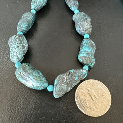 Navajo Blue Nugget Turquoise Bead Necklace | Sterling Silver Pearls | 20" | Authentic Native American Handmade | 16003