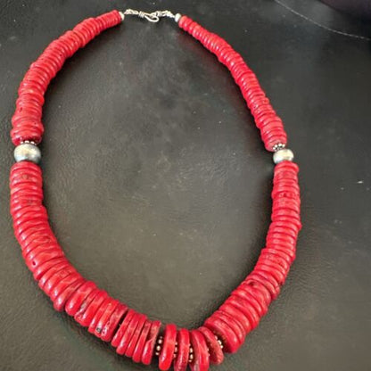 Authentic Native American Red Coral Graduated Navajo Pearls Necklace | Sterling Silver | 18" | 17537