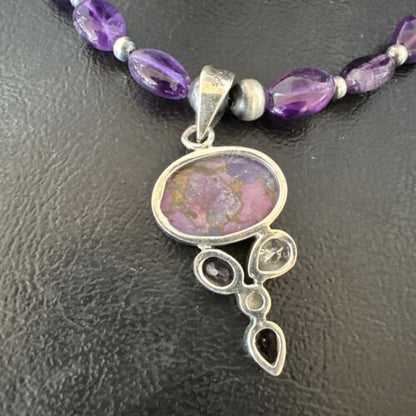 Mojave Turquoise Amethyst Pendant Necklace | Navajo Pearls | Sterling Silver | Native American Handmade | 16097