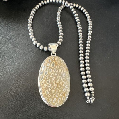 Navajo Champagne Fossil Coral Pendant Necklace | Sterling Silver Beads | Native American Handmade | 16371