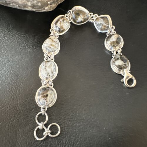 White Buffalo Turquoise 8-Stone Navajo Sterling Silver Link Bracelet | 8" | Handmade Jewelry 16378