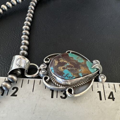 Navajo Blue Turquoise Pendant Necklace | Sterling Silver Pearls | Authentic Native American Handmade | 15649