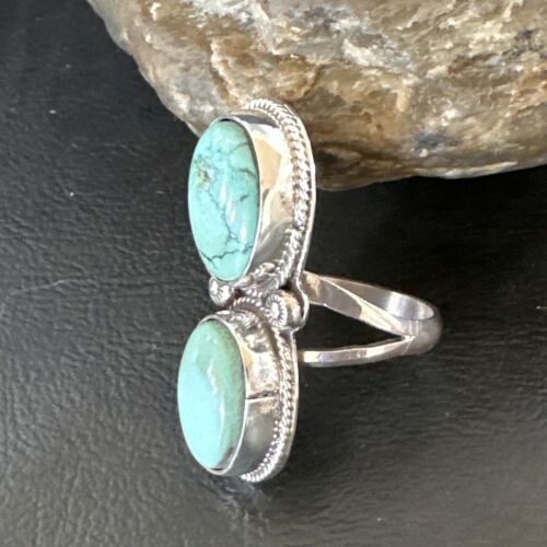 Navajo Blue Dry Creek Turquoise 2 Stone Ring | Authentic Native American Sterling Silver | Multi-Stone | Sz 10 | 16739 - Masha USA