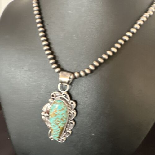 Navajo Blue Turquoise #8 Pendant | Sterling Silver Pearls Necklace | Authentic Native American Handmade | 15899