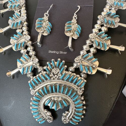 Zuni Turquoise Squash Blossom Necklace with Naja Earrings | Sterling Silver | Native American Handmade | 16541