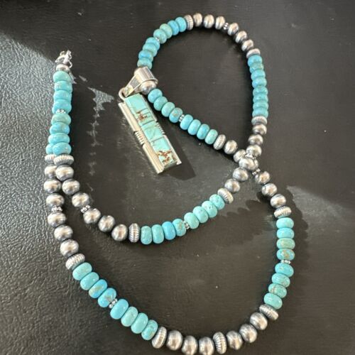 Men's and Women's Turquoise #8 Inlay Pendant Necklace | Navajo Sterling Silver | Authentic Native American Handmade | 17058
