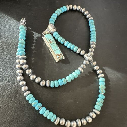 Men's and Women's Turquoise #8 Inlay Pendant Necklace | Navajo Sterling Silver | Authentic Native American Handmade | 17058