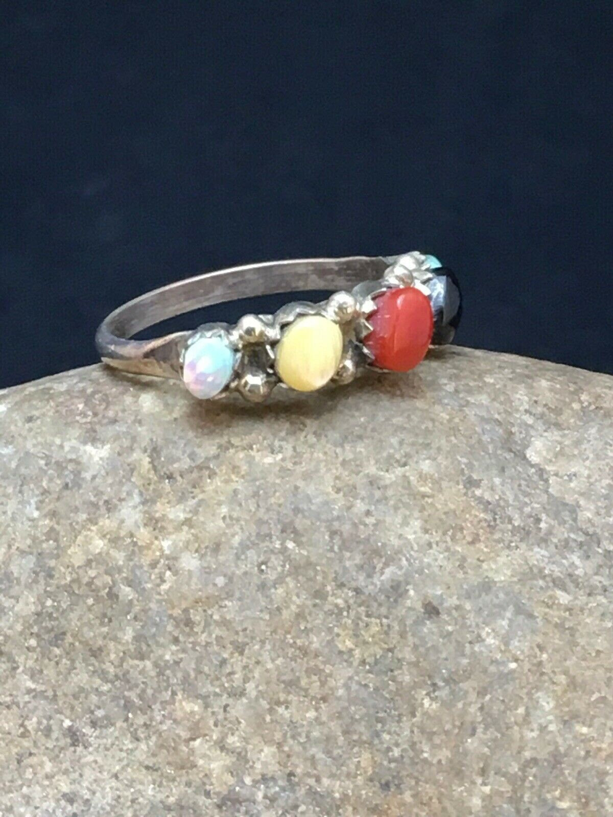 Zuni Blue Opal Coral Turquoise Ring | Authentic Native American Sterling Silver | Multi-Stone | Sz 6.5 | 8999
