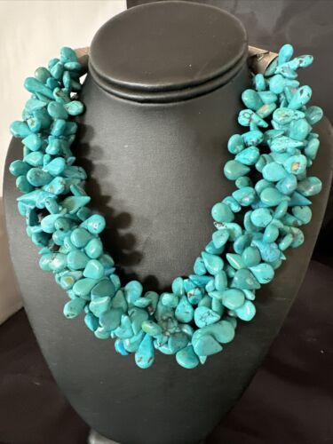 Navajo Teardrop Blue Turquoise Necklace | Sterling Silver Pearls | 19" 3 Strand | Authentic Native American Handmade | 17254