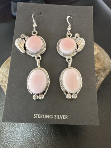 Navajo Pink Conch Shell Dangle Earrings | Sterling Silver | Authentic Native American Handmade | 17198