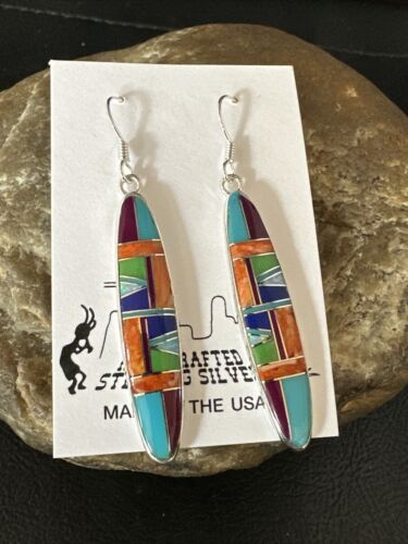Southwestern Sterling Silver Multi-Color Turquoise Lapis Inlay Earrings | Authentic Native American Handmade | 14937
