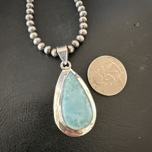 Navajo Blue Larimar Pendant Necklace | Sterling Silver Beads | Authentic Native American Handmade | 16963