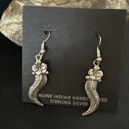Navajo Sterling Silver Leaf Feather Earrings | Authentic Native American Handmade | 16971