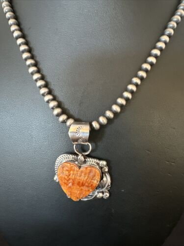 Navajo Orange Spiny Oyster Heart Pendant Necklace | Sterling Silver | Authentic Native American Handmade | 16422