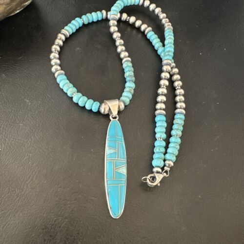 Navajo Blue Kingman Turquoise Opal Inlay Pendant | Sterling Silver Necklace | Authentic Native American Handmade | 16645 - Masha USA
