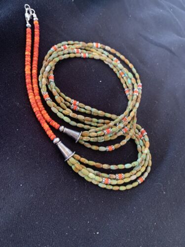 Navajo Sterling Silver Graduated Turquoise Spiny Bead Necklace | 3 Strand | Authentic Native American Handmade | 00577