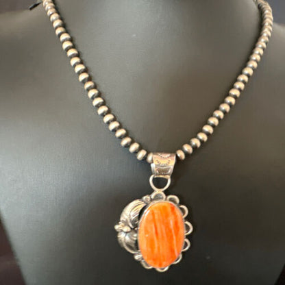 Navajo Orange Spiny Oyster Pendant Necklace | Sterling Silver | Authentic Native American Handmade | 15628